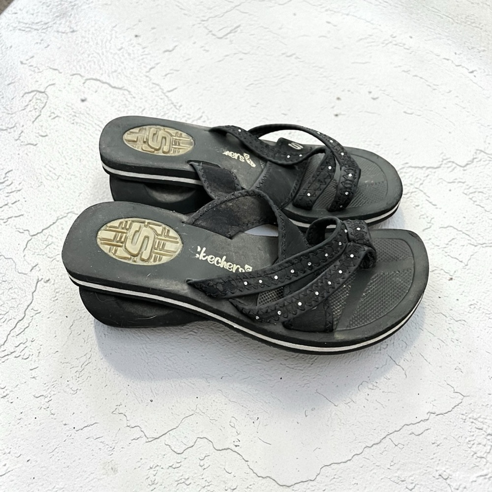 Y2K Skechers Black Wedge Sandals | Studded Strappy Platform Slides 7